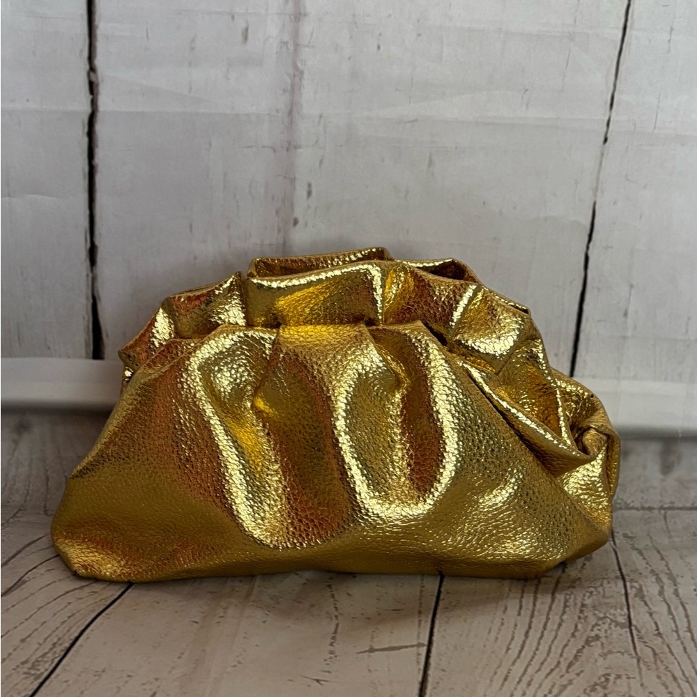 Gold PU Faux Leather Clutch Medium Size Adjustable Strap